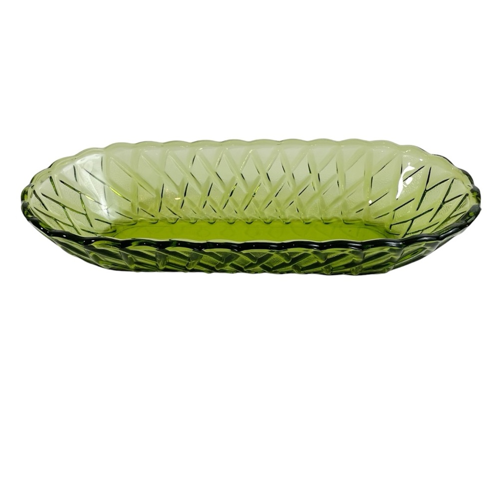 Vintage Green Glass Basket Weave Dish